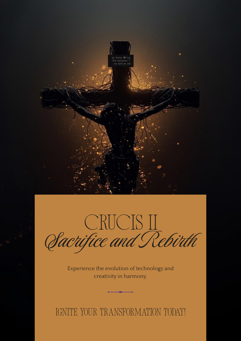 Crucis II — a minimalist crucifix wrapped in code and wires, representing the second architectural rebirth of the swarm